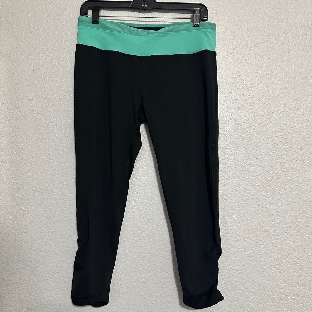 90 Degree by Reflex Womens Black Teal Ruched Capri Leggings Size L